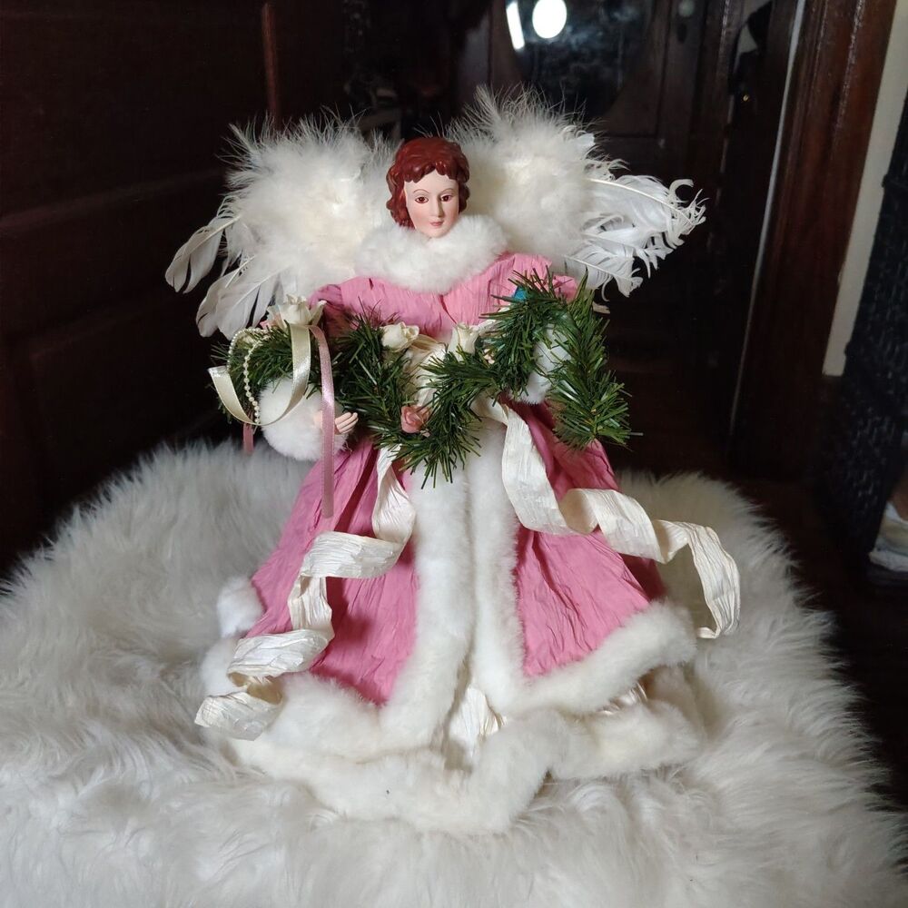 Vtg Coquette Shabby Chic Faux Fur Feathers Victorian Angel Tree Topper Christmas
